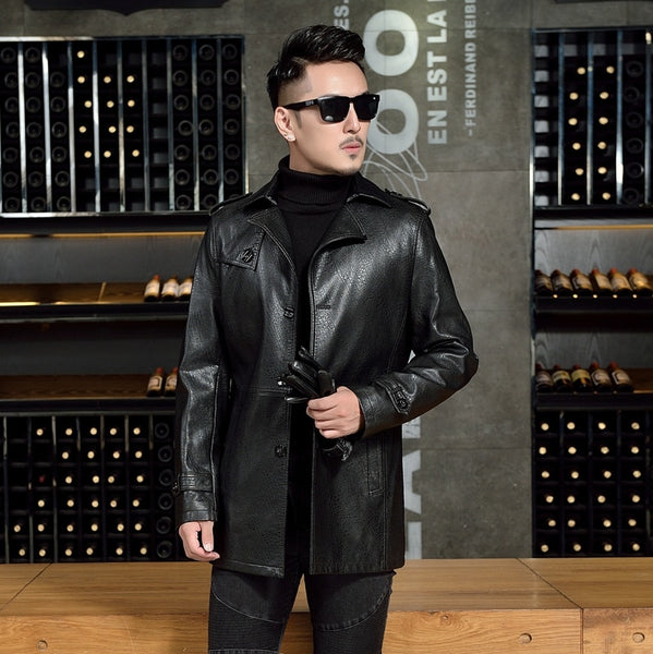 New 2019 Black Long Leather Jackets Men Bomber Motorcycle Plus Size L-4XL