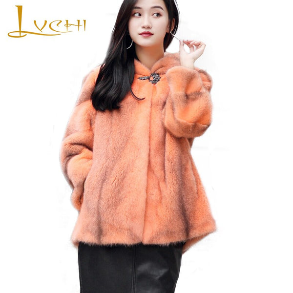 LVCHI Winter 2019 With Fur Hood Natural Real Mink Fur Coats Women's Coat Full Pelt Button Medium Causal Orange Loss Mink Coats