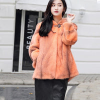 LVCHI Winter 2019 With Fur Hood Natural Real Mink Fur Coats Women's Coat Full Pelt Button Medium Causal Orange Loss Mink Coats