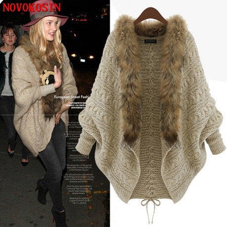 SC238 2018 Oversize Cape Winter Women Fur Neck Knitted Cardigans Female Long Batwing Sleeves Vintage Open Stitch Sweater Shirt