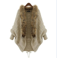SC238 2018 Oversize Cape Winter Women Fur Neck Knitted Cardigans Female Long Batwing Sleeves Vintage Open Stitch Sweater Shirt