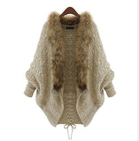 SC238 2018 Oversize Cape Winter Women Fur Neck Knitted Cardigans Female Long Batwing Sleeves Vintage Open Stitch Sweater Shirt