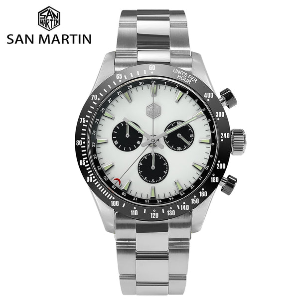 San Martin Stainless Steel Men Quartz Chronograph Watch Business Classic Swiss Ronda 5040 F Sapphire Ceramic Top Ring Luminous
