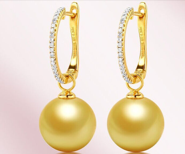 new pair of 10-11mm south sea round gold pearl earring 18/  k diamond stone