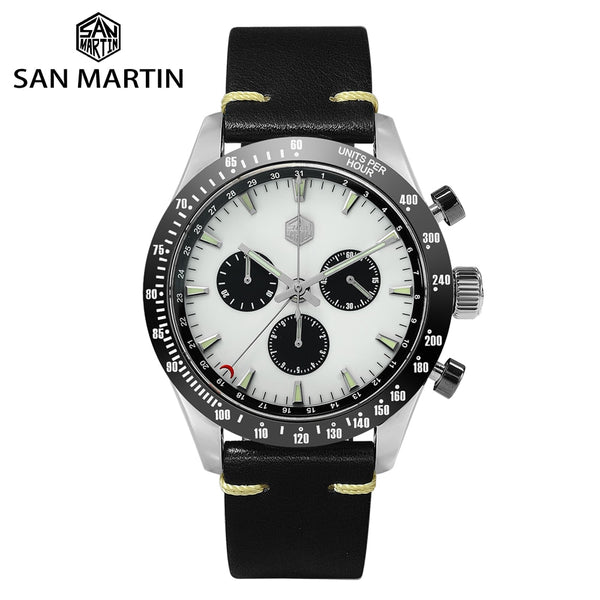 San Martin Stainless Steel Men Quartz Chronograph Watch Swiss Ronda 5040 F Sapphire Ceramic Bezel Leather Luminous Waterproof