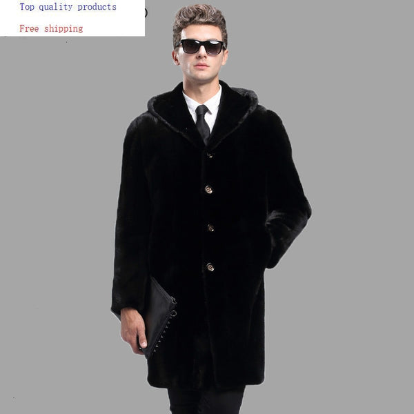 2020 New Real Mink Fur Coat Men Winter Jacket Hooded Long Mens Mink Coat Plus Size Natural Mink Fur Jackets KJ3093