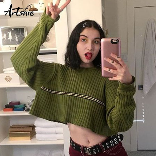Artsnie Spring 2019 Striped Casual Knitted Crop Sweater Women O Neck Long Sleeve Pullover Winter Jumper Pull Femme Girls Sweater