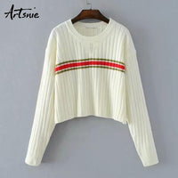 Artsnie Spring 2019 Striped Casual Knitted Crop Sweater Women O Neck Long Sleeve Pullover Winter Jumper Pull Femme Girls Sweater