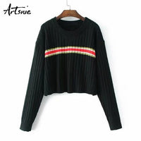 Artsnie Spring 2019 Striped Casual Knitted Crop Sweater Women O Neck Long Sleeve Pullover Winter Jumper Pull Femme Girls Sweater
