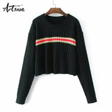 Artsnie Spring 2019 Striped Casual Knitted Crop Sweater Women O Neck Long Sleeve Pullover Winter Jumper Pull Femme Girls Sweater