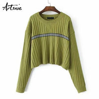 Artsnie Spring 2019 Striped Casual Knitted Crop Sweater Women O Neck Long Sleeve Pullover Winter Jumper Pull Femme Girls Sweater