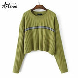 Artsnie Spring 2019 Striped Casual Knitted Crop Sweater Women O Neck Long Sleeve Pullover Winter Jumper Pull Femme Girls Sweater