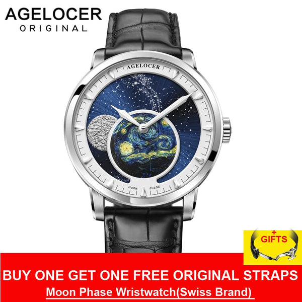AGELOCER New Moon Phase Design Swiss Watch Mens Watches Top Brand Luxury Black leather Clock Men Automatic Watch 6401A1