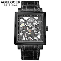 AGELOCER Black Luminous Swiss Fashion Analog Display Mens Mechanical Skeleton Wrist Watches Top Brand Luxury Clock Power Reserve