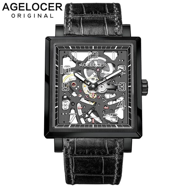 AGELOCER Black Luminous Swiss Fashion Analog Display Mens Mechanical Skeleton Wrist Watches Top Brand Luxury Clock Power Reserve