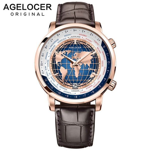 AGELOCER Men Watch Swiss Luxury Brand Worldtime Automatic Mechanical Men's Wirstwatches Sapphire Leather World Time relogio
