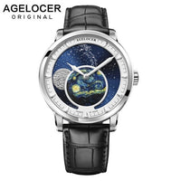AGELOCER New Moon Phase Design Swiss Watch Mens Watches Top Brand Luxury Black leather Clock Men Automatic Watch 6401A1