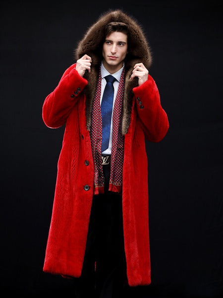 2020 New Mens Mink Fur Coat Imported Velvet Coat American Retro Fur Coat Long Winter Coat Red Leather Jacket