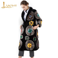LVCHI Winter 2019 Imported Velvet Mink Women's Natural Fur Coat Patchwork Contrast Color Print Long Sleeve V-Neck Mink Fur Coats