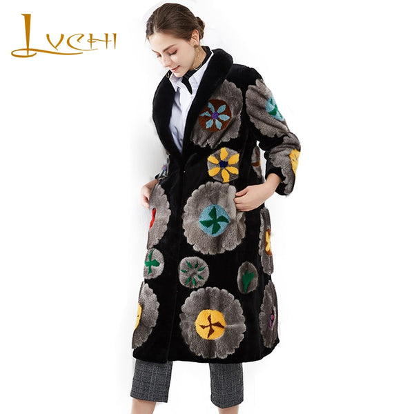 LVCHI Winter 2019 Imported Velvet Mink Women's Natural Fur Coat Patchwork Contrast Color Print Long Sleeve V-Neck Mink Fur Coats
