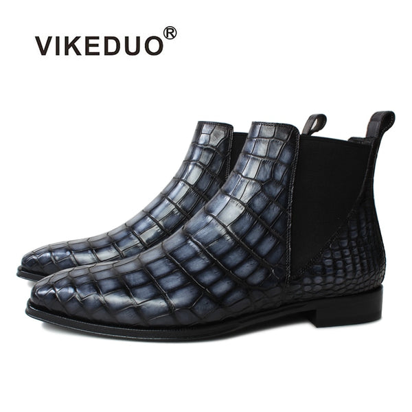 VIKEDUO 100% Real Crocodile Leather Ankle Boots For Men Plaid Patina Square Handmade Mans Shoes Winter Chelsea