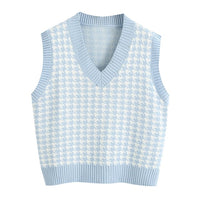KPYTOMOA Women 2020 Fashion Houndstooth Loose Knitted Vest Sweater V Neck Sleeveless Side Vents Female Waistcoat Chic Tops