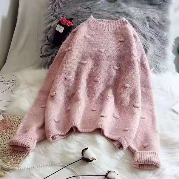 Autumn Winter Women Sweater Casual Polka Dot O-Neck Sweater  Loose Solid Colors Pullovers Computer Knitted Thick Female New Tops