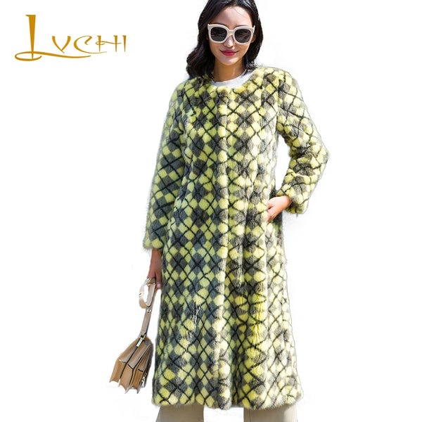 LVCHI Winter 2019 Real Mink Fur Coats Women's Full Sleeve Coat Argyle Full Pelt Causal Yellow Print Long Slim O-Neck Mink Coats