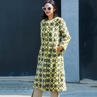 LVCHI Winter 2019 Real Mink Fur Coats Women's Full Sleeve Coat Argyle Full Pelt Causal Yellow Print Long Slim O-Neck Mink Coats