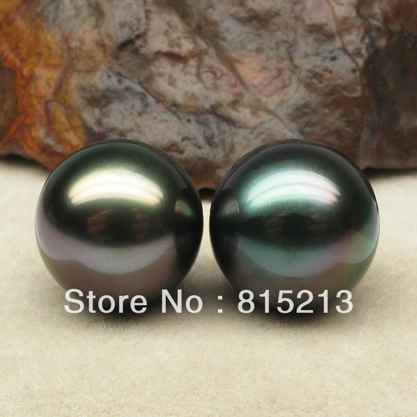 wb00169 RARE!PEACOCK GREEN!2PS 13.4MM ROUND LOOSE NATURAL TAHITIAN PEARL EARRINGS