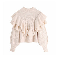 KPYTOMOA Women 2020 Fashion Ruffled Cropped Knitted Sweater Vintage High Neck Lantern Sleeve Female Pullovers Chic Tops