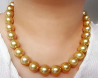free shipping stunning gorgeous 12-15mm south sea round gold pearl necklace 17.5inch 14