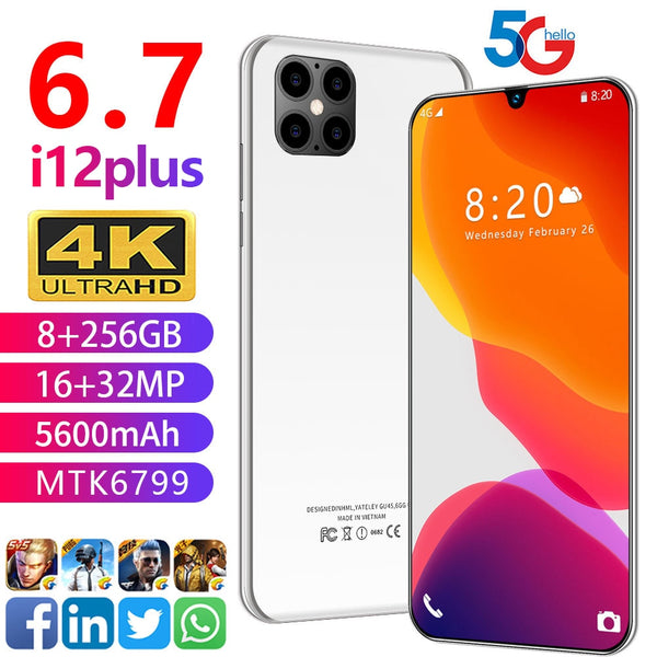 Global i12 Plus 6.7Inch Smartphone Android 10.0 Snapdragon855 Network Octa Core 8GB RAM 256GB ROM 5600mAh 4G5G Mobile Phone Case