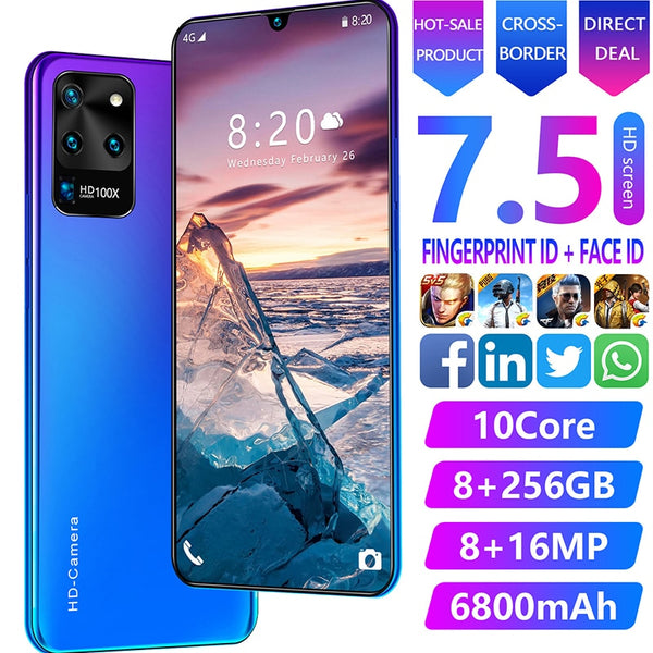 7.5Inch Galay S20U Network Snapdragon855 Smartphone 4 Camera 8GB RAM 256GB ROM Octa Core Global Version Handset Phone Case