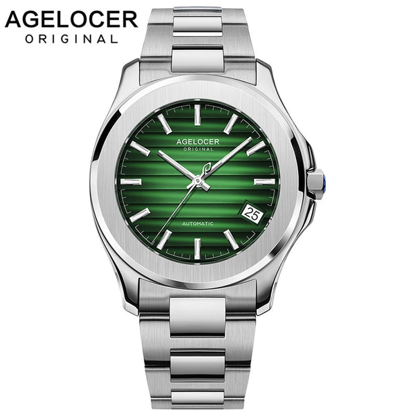 AGELOCER Swiss Men Automatic Self Wind Mechanical Watch Saphire Stainless Steel Simple Business Blue Rose Gold Green Date Watch