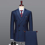 100% Wool Double Breasted Men Suit Deep Blue Striped Casual Mens Suits With Pants Wedding Groom Suits Man Slim Fit Blazer