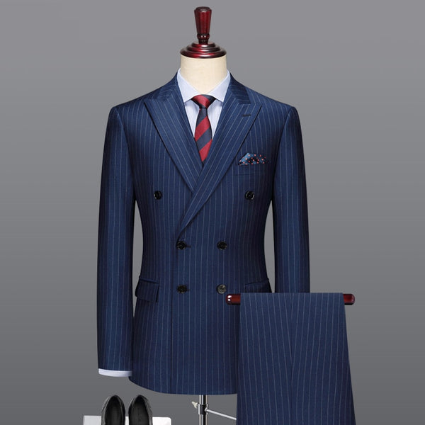 100% Wool Double Breasted Men Suit Deep Blue Striped Casual Mens Suits With Pants Wedding Groom Suits Man Slim Fit Blazer