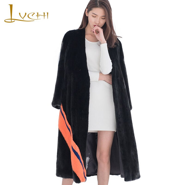 LVCHI Winter 2019 USA Imported Crown Swan Velvet Mink Women's Natural Fur Coat Mink Coats Print Line Slim Medium Mink Fur Coats