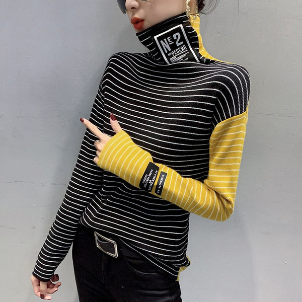 #3807 Spring Stripe Knitted Sweater High Neck Thin Knitted Tops Spliced Sleeve Elastic Sweaters Ladies Turtleneck Pullover Women