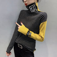 #3807 Spring Stripe Knitted Sweater High Neck Thin Knitted Tops Spliced Sleeve Elastic Sweaters Ladies Turtleneck Pullover Women