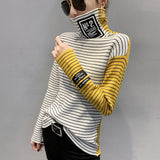 #3807 Spring Stripe Knitted Sweater High Neck Thin Knitted Tops Spliced Sleeve Elastic Sweaters Ladies Turtleneck Pullover Women