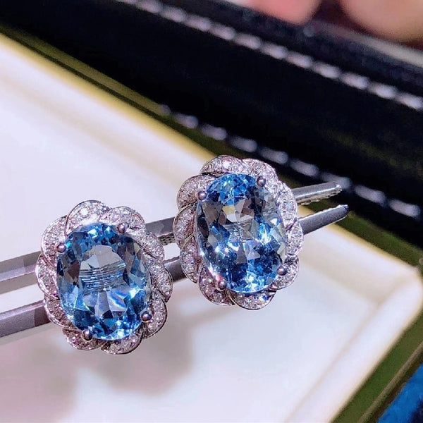 Brazil Imported Aquamarine Rough Stone Inlaid Earrings, 18K Gold Inlaid Women's High-end Earrings, Elegant and Delicate AAAAA