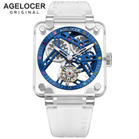 AGELOCER Original Swiss Brand Real Tourbillon Watches Sports Men Blue Skeleton Full Sapphire Gems Case Mechanical Wristwatch