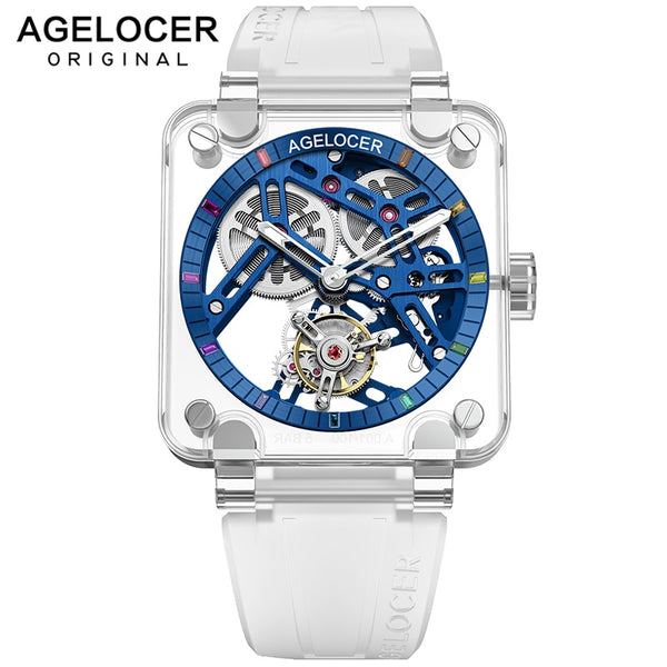 AGELOCER Original Swiss Brand Real Tourbillon Watches Sports Men Blue Skeleton Full Sapphire Gems Case Mechanical Wristwatch