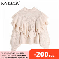 KPYTOMOA Women 2020 Fashion Ruffled Cropped Knitted Sweater Vintage High Neck Lantern Sleeve Female Pullovers Chic Tops