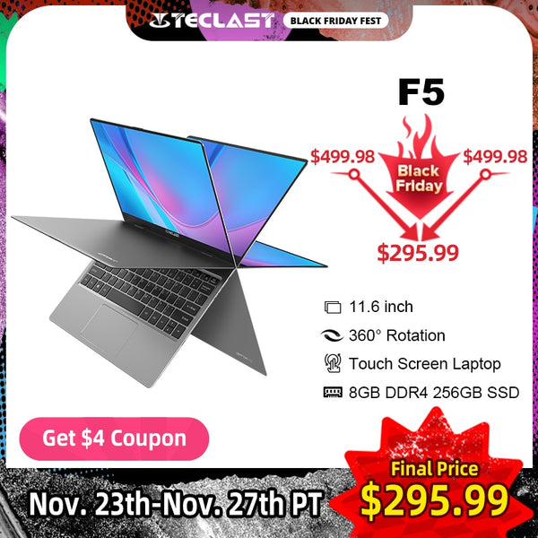 Teclast F5 11.6 inch Touch Screen Laptop 8GB DDR4 256GB SSD Windows 10 Notebook Intel N4100 1920x1080 IPS 360° Computer Type-C