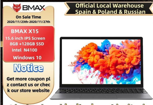 BMAX X15 Laptop 15.6 inch Intel Gemini Lake N4100 Intel UHD Graphics 600 8GB LPDDR4 RAM 128GB SSD ROM Notebook X15