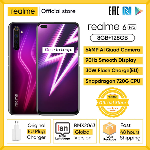 realme 6 Pro Unlockphone 8GB RAM 128GB ROM Mobile Phone Snapdragon 720G 4200mAh Battery 30W fast Change 64MP Camera Smartphones