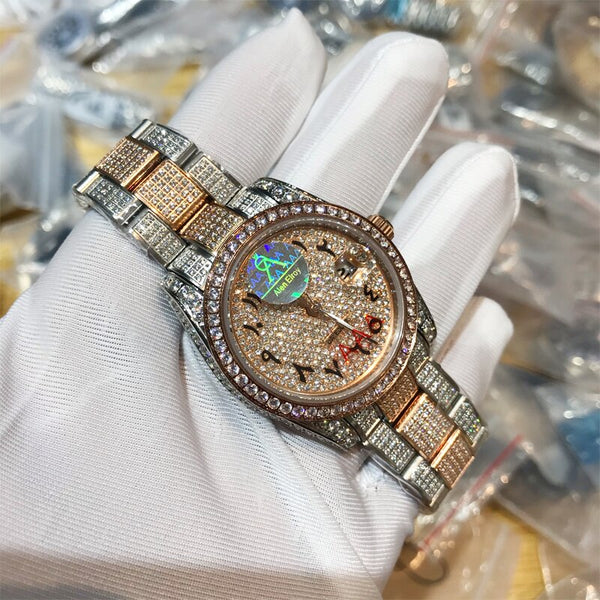 36mm Silver&Rose Gold Iced out Luxury Brand Rolexable watch Date-Just + Box Men automatic self-wind sweeping full diamonds