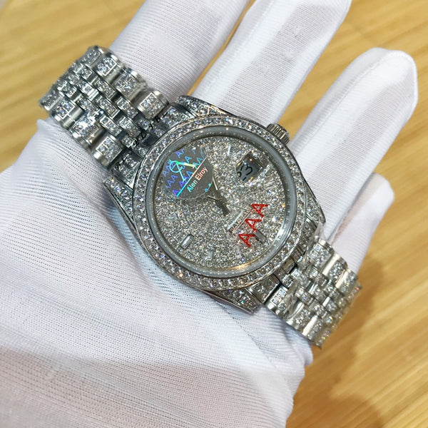 36mm Silver Iced out Luxury  Rolexable watch Crystal Zircon Diamonds numbers Date-Just + Box Men automatic self-wind sweeping